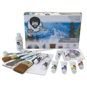 Bob Ross Master Oil Paint Set - Front of box with brushes and paint tubes in foreground.