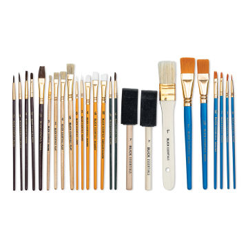 Blick Essentials Craft Brush Value Set. Row of 25 brushes in variety of sizes, shapes, and hairs.  