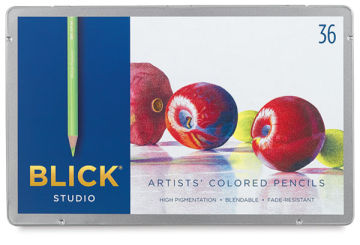 Blick Studio Artists' Colored Pencils - Assorted Colors, Set of 36. Front of closed tin box.