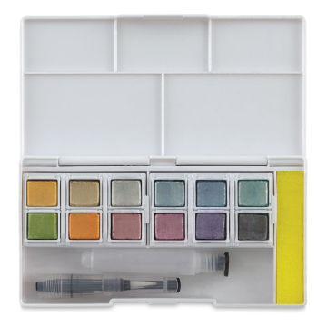 Derwent Metallic Watercolor Pan Set - Set of 12 open showing colors,brush and sponge