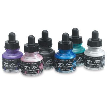 Open in modal - Pearlescent Liquid Acrylic Artists' Inks - Set of 6 ink bottles shown in staggered row