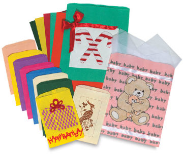 Hygloss Craft and Party Bags - Assortments of Small and Large Flat Bags shown, some decorated
