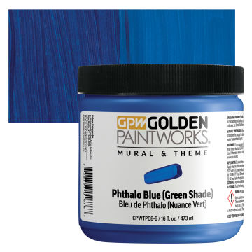 Golden Paintworks Mural and Theme Acrylic Paint - Phthalo Blue (Green Shade), 16 oz, Jar with swatch