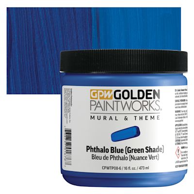 Golden Paintworks Mural and Theme Acrylic Paint - Phthalo Blue (Green Shade), 16 oz, Jar with swatch