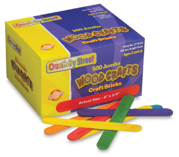 Jumbo Craft Sticks - Front of 500 Colored Craft Stick package shown with assorted sticks in front