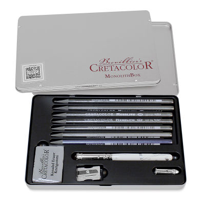 
Cretacolor Monolith Woodless Pencils -Front view of open Package showing components of 10 pc set
