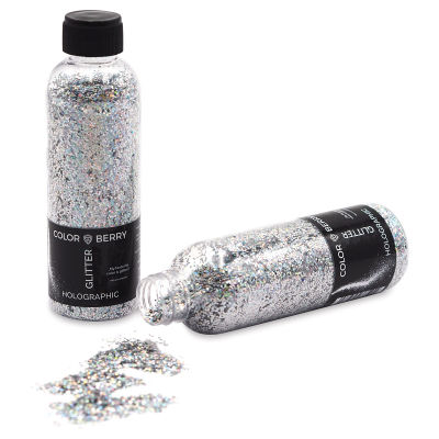 Colorberry Glitter - Holographic Silver, Chunky, 90 grams, Bottle (Glitter shown in and out of bottle)