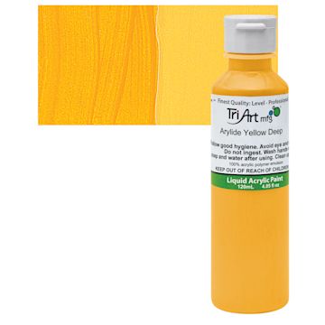 Open in modal - Tri-Art Liquid Artist Acrylic - Arylide Yellow Deep, 120 ml bottle and swatch