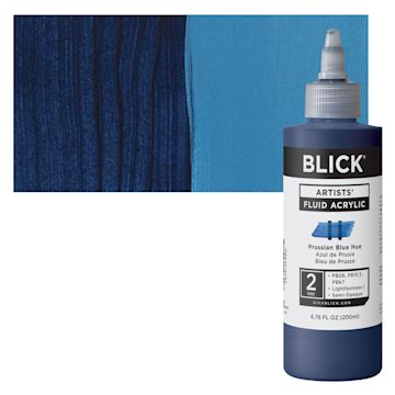 Open in modal - Blick Artists’ Fluid Acrylic - Prussian Blue Hue, 200 ml bottle and swatch