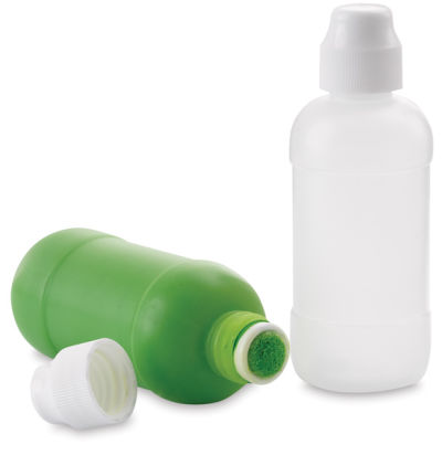 Empty Marker Bottles - 2 bottles, one capped and other on side filled with paint showing dauber