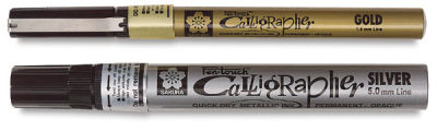 Sakura Pen-Touch Calligrapher Pens - Fine Gold and Medium Black Line pens shown horizontally