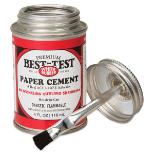 Best-Test Acid-Free Paper Cement - 4 oz can shown open with brush/lid