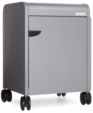 Smith System Cascade Tote Tray Storage - left angle view of cabinet on wheels with single locking door