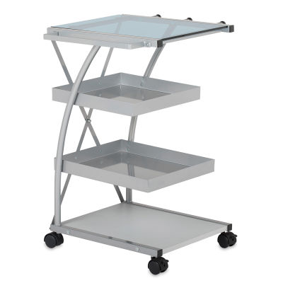 Studio Designs Silver Triflex Taboret -Angled front view showing glass top and 3 shelves