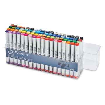 Copic Sketch Markers, Set of 72, Set A. Top of clear package, 4 rows of markers, lid off.