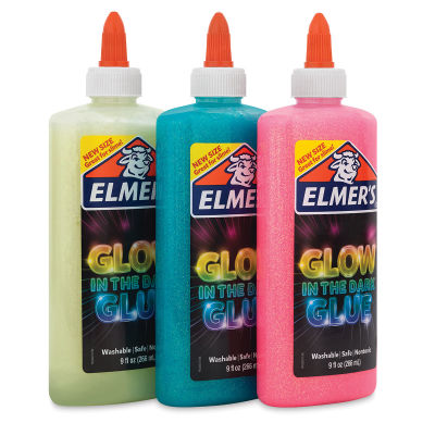 Elmer's Glow in the Dark Glue - 3 9 oz bottles of Natural, Blue, and Pink Glue shown at angle