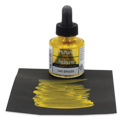 Dr. Ph. Martin's Iridescent Calligraphy Ink - 1 0z Brass bottle on paper with swath of ink