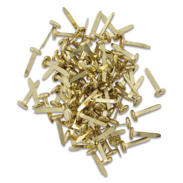 Officemate Round Head Paper Fasteners - 100 brass Fasteners shown in pile
