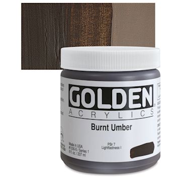 Open in modal - Golden Heavy Body Artist Acrylic - Burnt Umber, 8 oz Jar and swatch