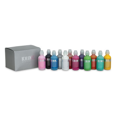 Krink K-60 Paint Markers - Set of 12 bottles shown adjacent to package
