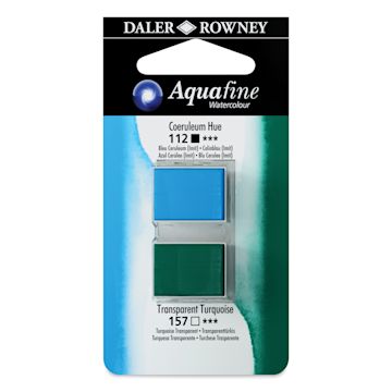 Open in modal - Daler-Rowney Aquafine Watercolors - Set of 2, Coeruleum Hue and Transparent Turquoise, Half Pan