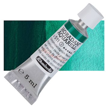 Open in modal - Schmincke Horadam Aquarell Artist Watercolor - Chromium Oxide Green Brilliant, 5 ml tube and swatch