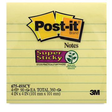 Open in modal - Post-it Super Sticky Notes - Front of package of 4" x 4" Lined Canary notes shown 