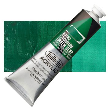 Open in modal - Holbein Heavy Body Artist Acrylic Paint - Cadmium Green Deep, 60 ml tube and swatch