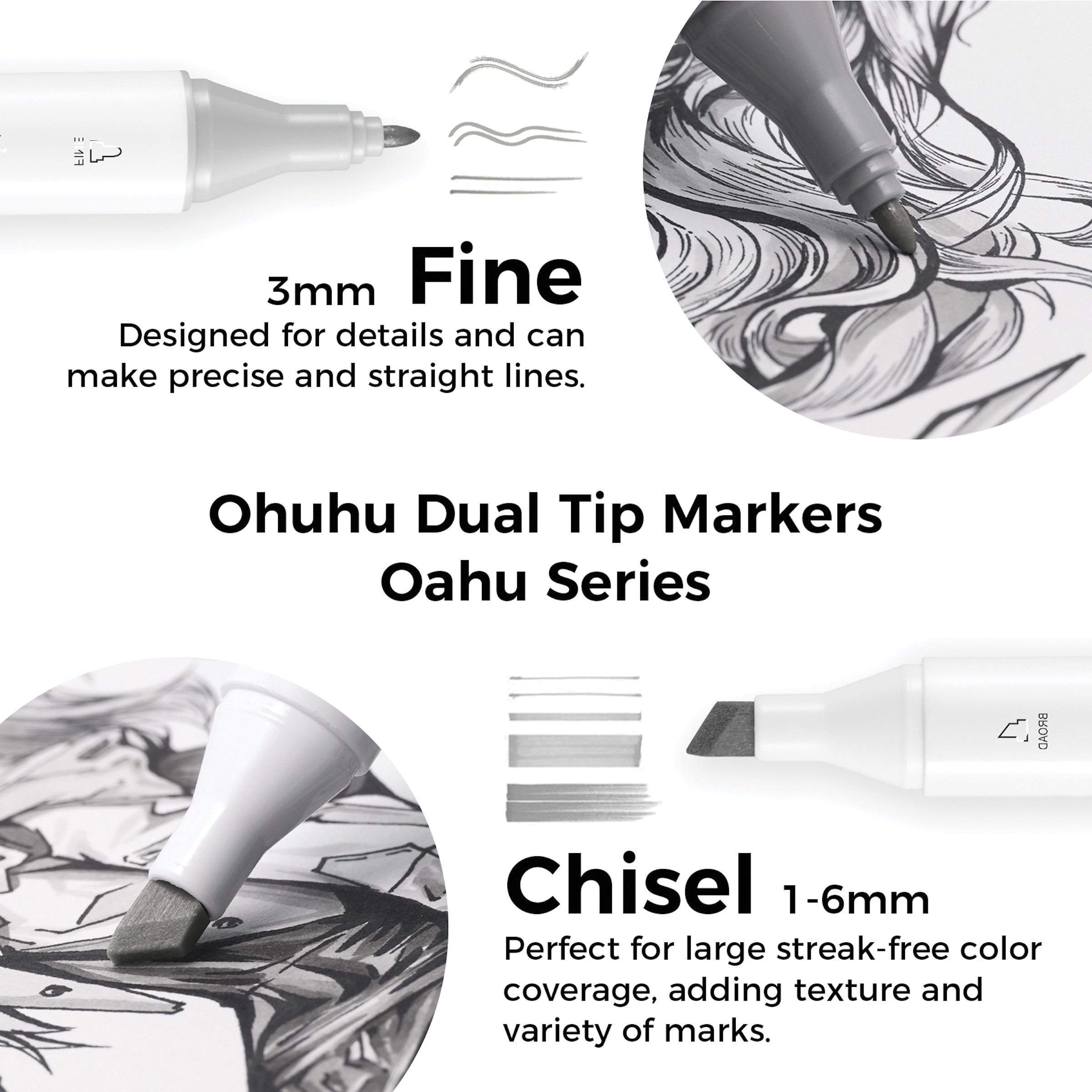 Ohuhu Oahu Dual-Tip Marker Set - Set of 36, Grayscale Colors