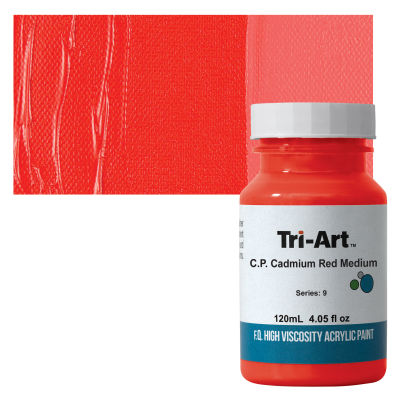 Tri-Art High Viscosity Artist Acrylic - Cadmium Red Medium, 120 ml jar with swatch