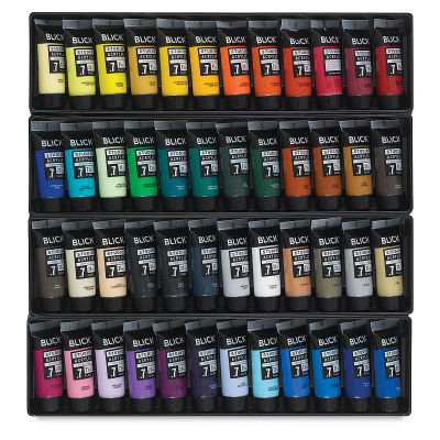 Blick Studio Acrylic Paints - Set of 48 colors, 21 ml tubes. Inside four rows of tubes.