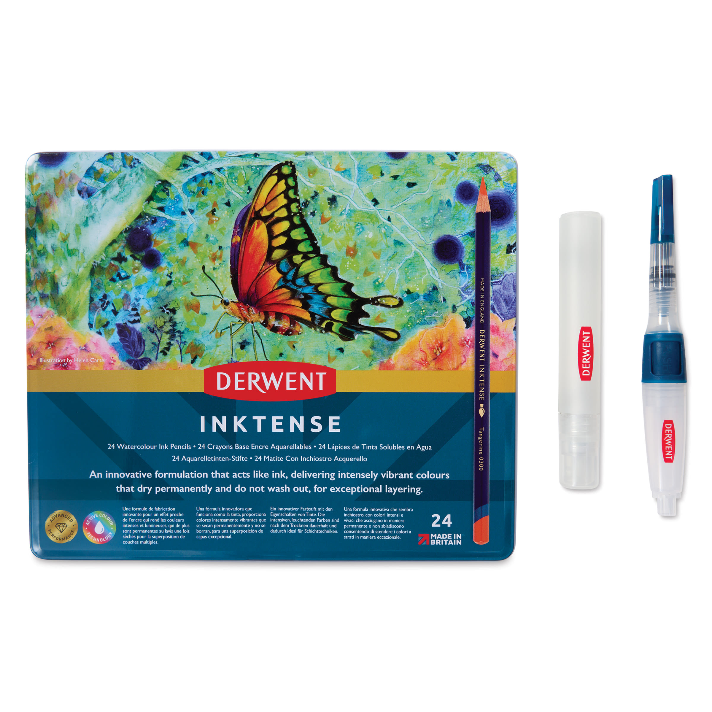 Derwent Inktense Pencils - Tin Box, Set of 24 with Waterbrush and Spritzer