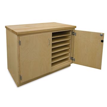 Open in modal - Hann Paper Storage Cabinets - Angled view of Maple top Cabinet with one door open showing shelves