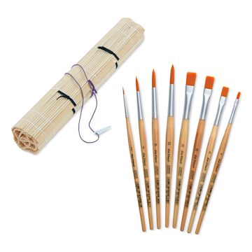 Open in modal - Da Vinci Junior Synthetic Brushes - Short Handle, Assorted, Set of 8 with Bamboo Wrap laid out