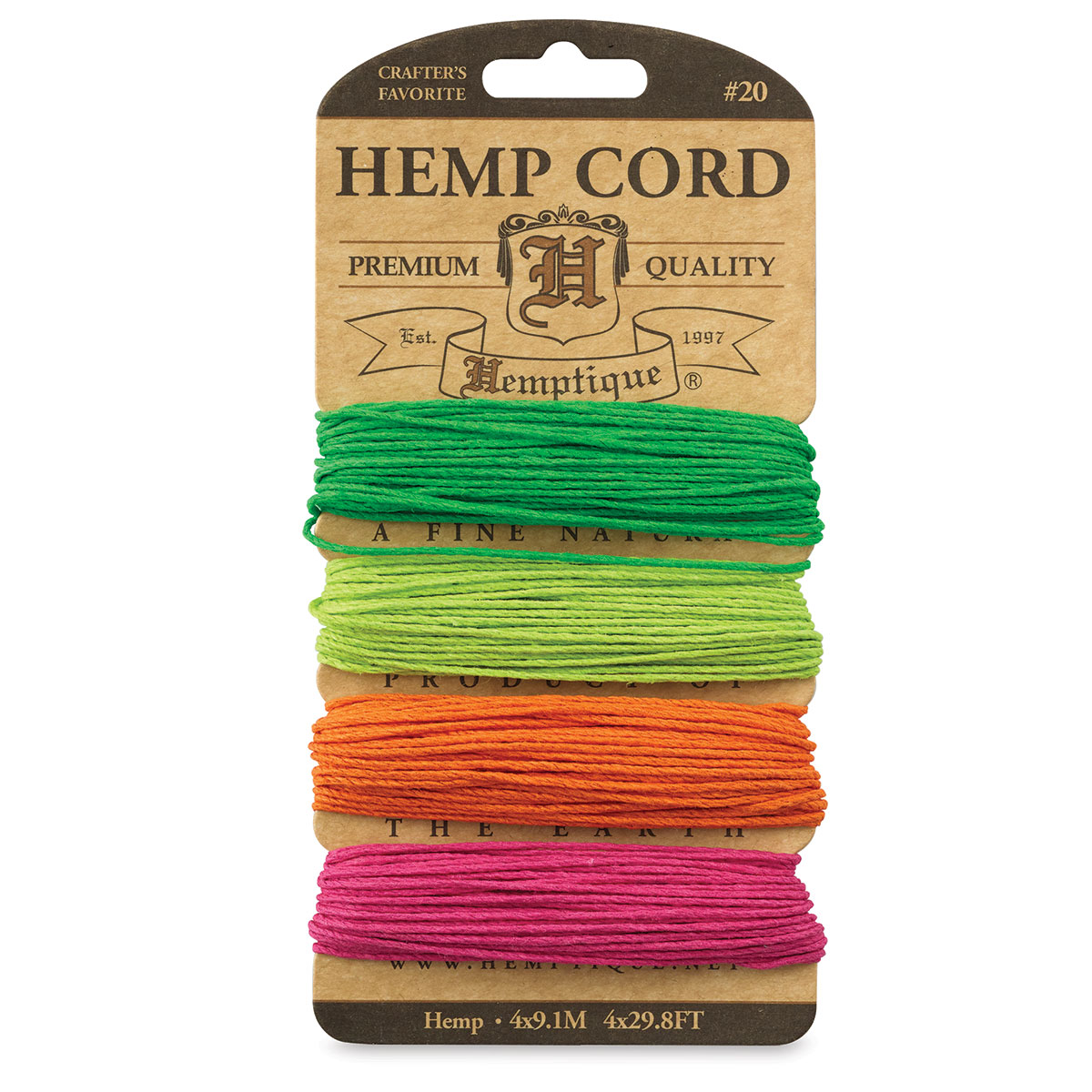 Hemptique Hemp Cord Card - Neon Colors, 120 ft, 20 lb