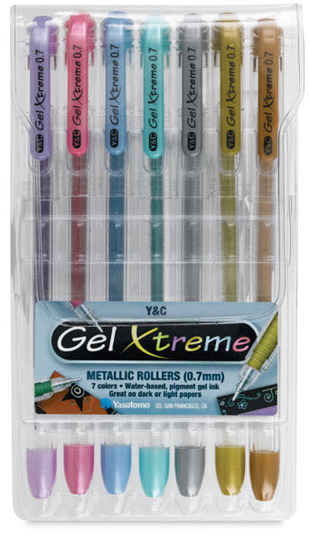 Yasutomo Y&C Gel Xtreme Pens - Front view of package of Metallics Set of 7