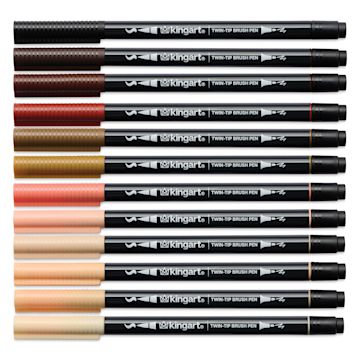 Open in modal - Kingart Twin-Tip Brush Pen Set - Portrait, Set of 12, markers laid out with caps on