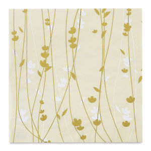 Black Ink Thai Unryu Screenprinted Meadow Flowers Decorative Paper - Cream/Gold/White, 12" x 12"