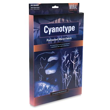 Open in modal - Jacquard Cyanotype Fabric Mural, Single Sheet 5ft x 7ft. Front package, Angled.