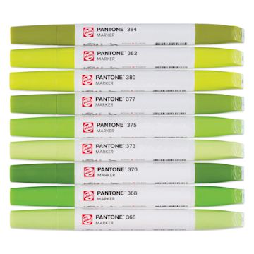 Open in modal - Pantone Dual Tip Markers - Green Yellow, Set of 9, markers laid out with caps on