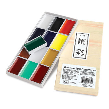 Yasutomo Sumi-e Watercolor Set - Traditional Colors, Set of 12 colors (pans with front of package)