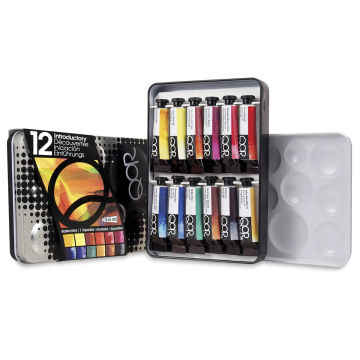 QoR Modern Watercolors - Introcutory Set of 12. Tubes in open tin, lid and palette to the sides. 