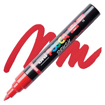 Open in modal - Posca Brush Paint Marker - Red, Brush Tip, swatch and marker