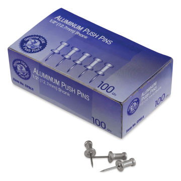 Advantus GEM Aluminum Push Pins - Closed box of 1/2" Push pins with 3 loose