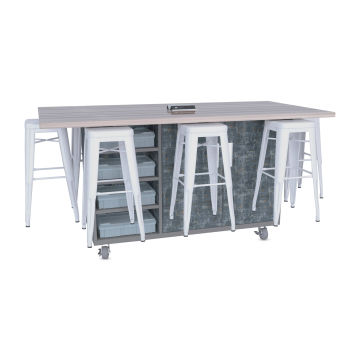 CEF Ed8 Work Table with Stools, 42"H table with white stools and Paint Scrape Steel finish.
