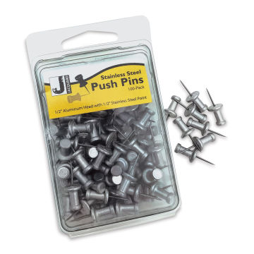 Jacquard Stainless Steel Push Pins - Box of 100 push pins shown with 8 pins out of package