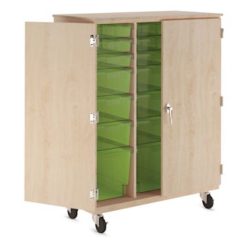 Open in modal - Diversified Spaces Mobile Tote and More Storage Cabinet with Locking Doors - Maple with Lime Totes