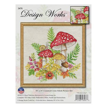 Open in modal - Design Works Counted Cross Stitch Kit - Mushrooms, 10" x 10" - front of packaging