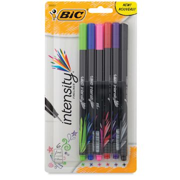 Open in modal - Bic Intensity Fineliner Marker Pen Sets - Front of blister package of 6 pc Assorted Colors Pen set