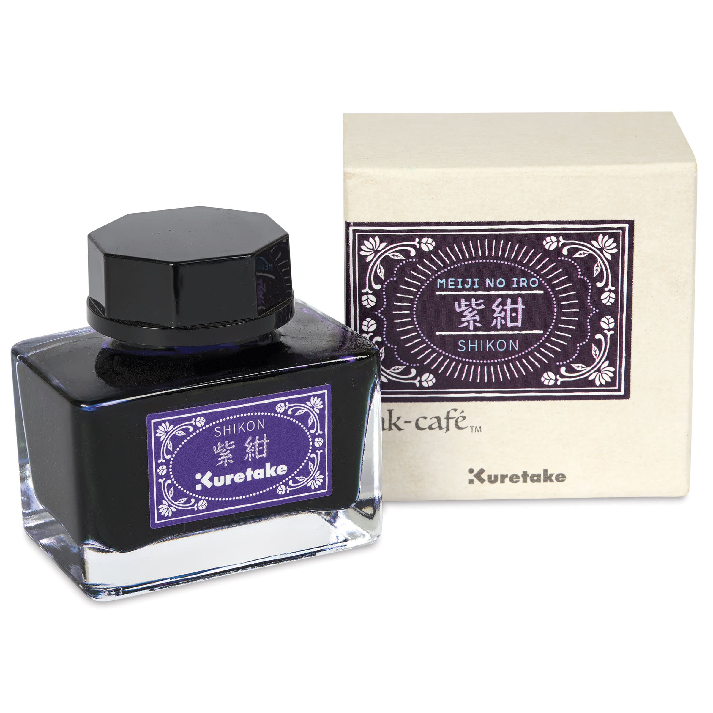 Kuretake Ink Cafe Meiji No Iro Pen Ink - 536 Deep Violet (Shikon), jar next to packaging box